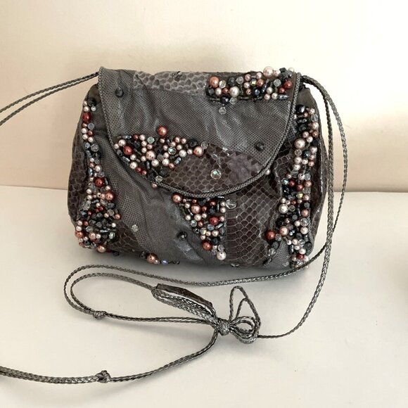 Grace Ann Agostino Embellished Evening Shoulder Bag Gray Leather Patchwork Beads - Picture 1 of 16